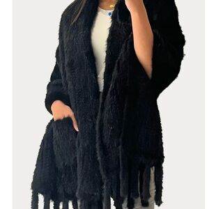 Knitted Black Mink Shawl with Fringe & Front Pockets Saks Fifth Avenue Furs